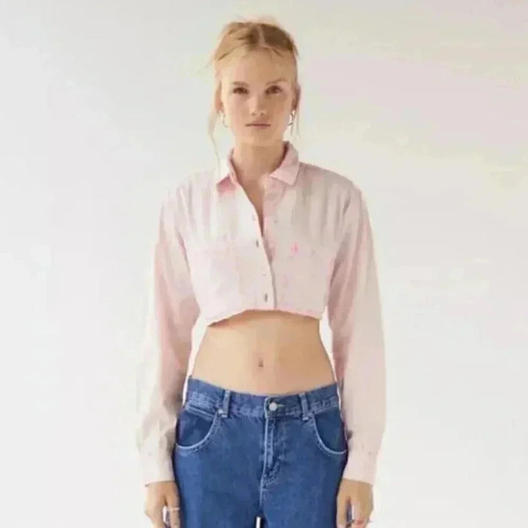 NWT Urban Outfitters Women's Pink BDG  Davidson Cutout Button Down Cropped Top M - Picture 2 of 8